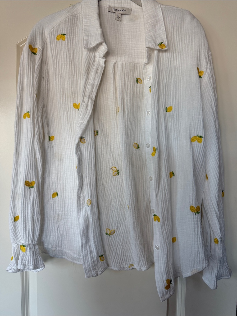 Francesca's Collections White Button-Up Top with Yellow Lemon Embroidery